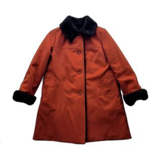 1970's ILGWU Red Orange Coat with Brown Fur - Women's Size 12 - Used